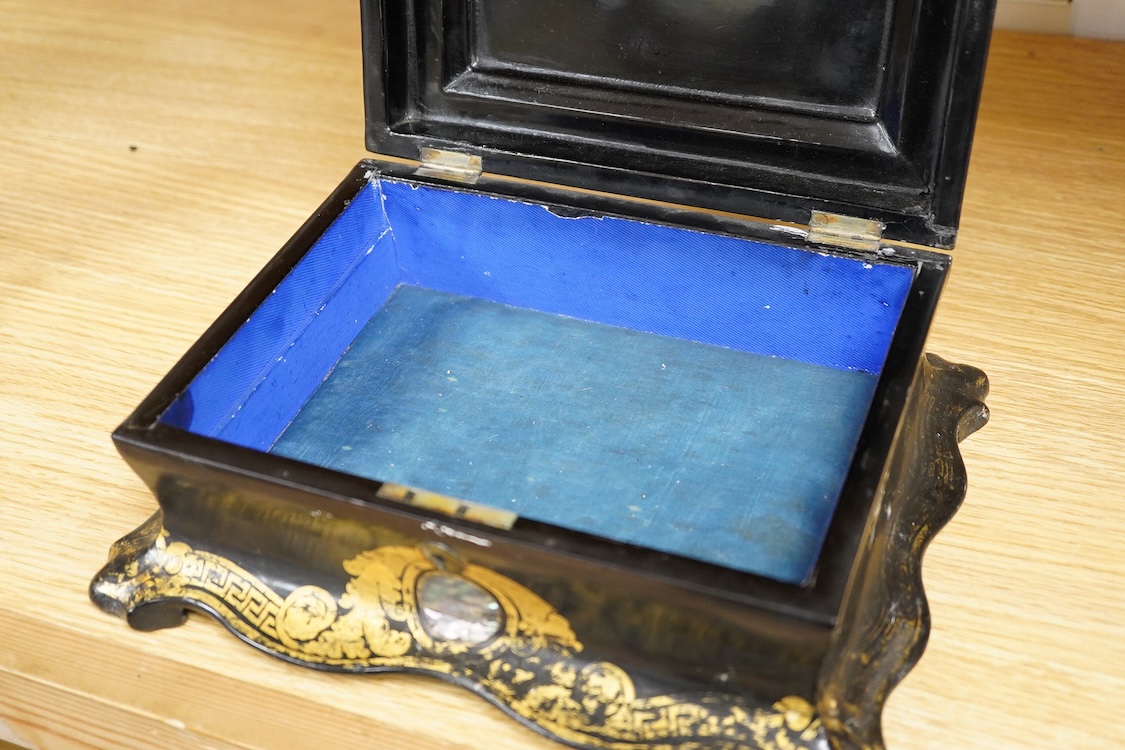 A Victorian papier maché jewellery box, abalone inlaid, 25cm wide